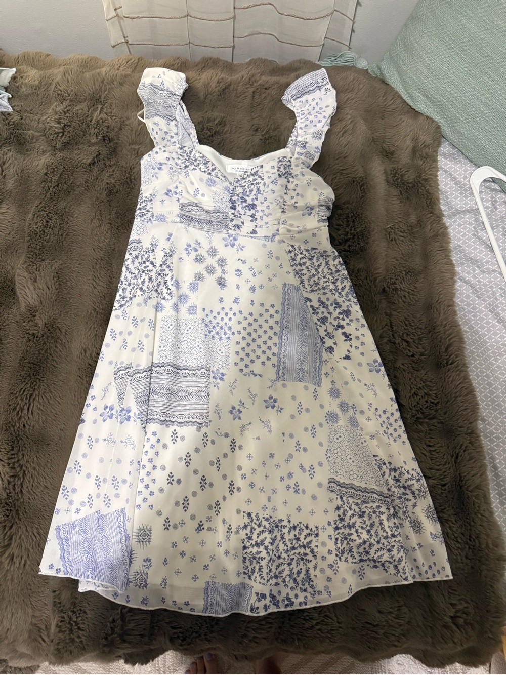 Girls White and Light Blue Patchprint Sundress